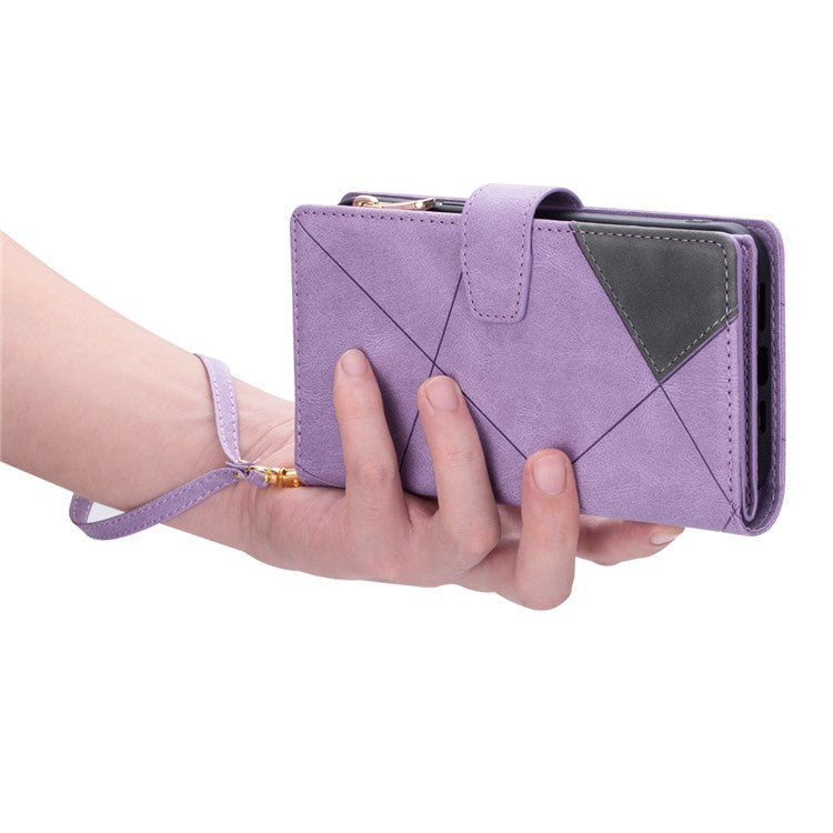 For iPhone 16 Pro Case Color Splicing Anti-Drop Leather Wallet Phone Cover - Purple