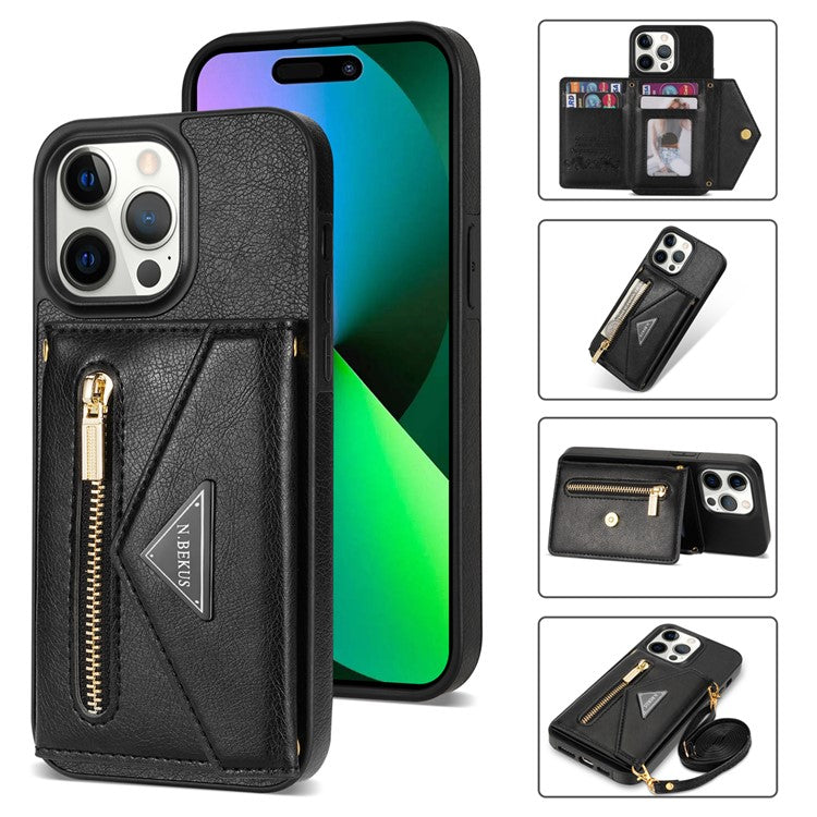N.BEKUS For iPhone 16 Pro Case Card Slot Zipper Wallet Leather Phone Cover with Shoulder Strap - Black