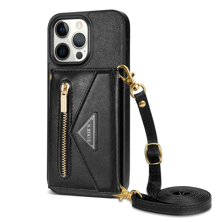 N.BEKUS For iPhone 16 Pro Case Card Slot Zipper Wallet Leather Phone Cover with Shoulder Strap - Black