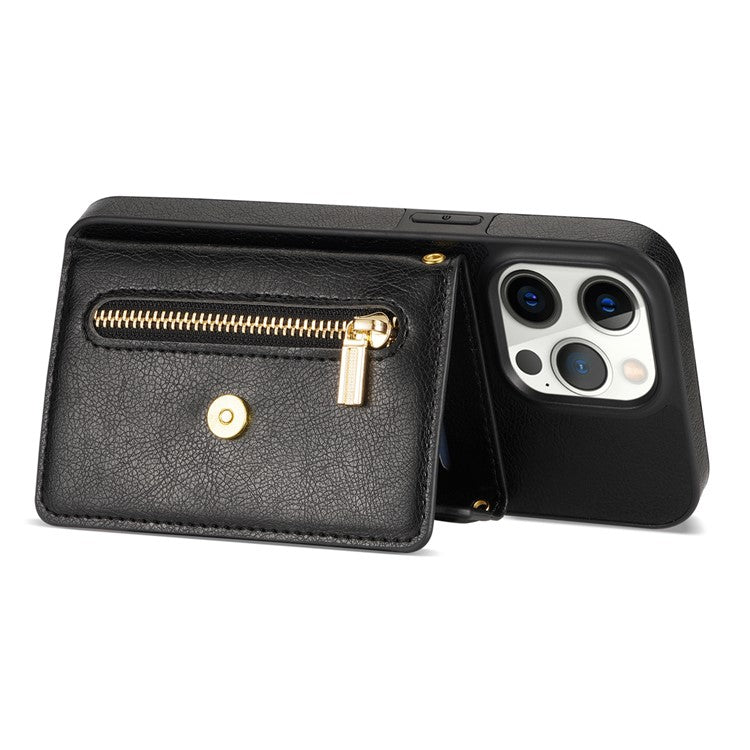 N.BEKUS For iPhone 16 Pro Case Card Slot Zipper Wallet Leather Phone Cover with Shoulder Strap - Black