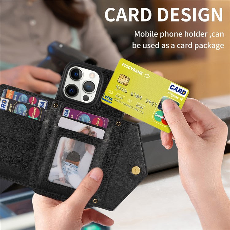 N.BEKUS For iPhone 16 Pro Case Card Slot Zipper Wallet Leather Phone Cover with Shoulder Strap - Black