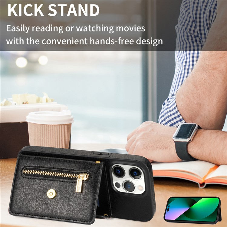 N.BEKUS For iPhone 16 Pro Case Card Slot Zipper Wallet Leather Phone Cover with Shoulder Strap - Black