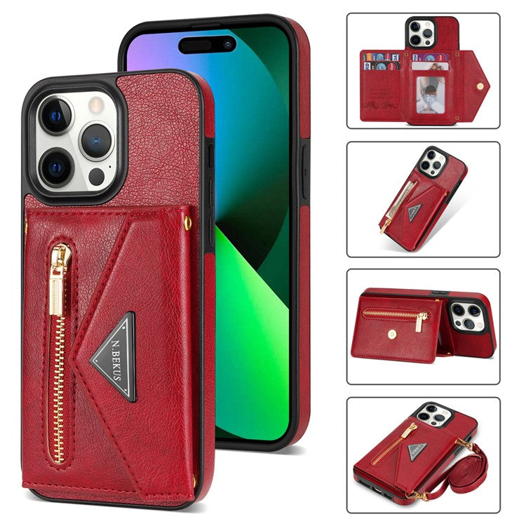 N.BEKUS For iPhone 16 Pro Case Card Slot Zipper Wallet Leather Phone Cover with Shoulder Strap - Red