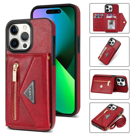 N.BEKUS For iPhone 16 Pro Case Card Slot Zipper Wallet Leather Phone Cover with Shoulder Strap - Red