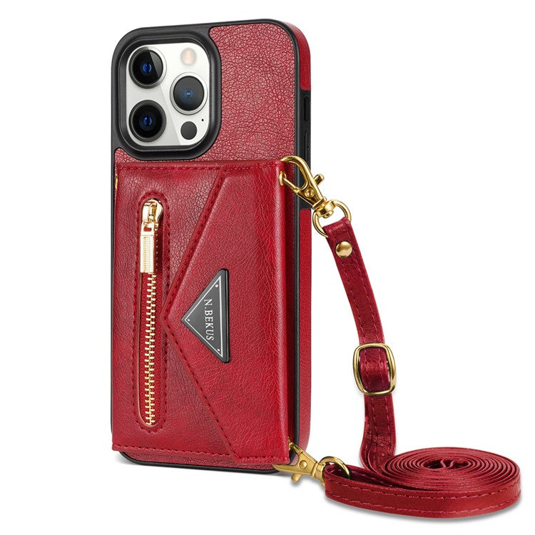 N.BEKUS For iPhone 16 Pro Case Card Slot Zipper Wallet Leather Phone Cover with Shoulder Strap - Red