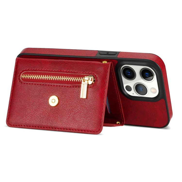 N.BEKUS For iPhone 16 Pro Case Card Slot Zipper Wallet Leather Phone Cover with Shoulder Strap - Red
