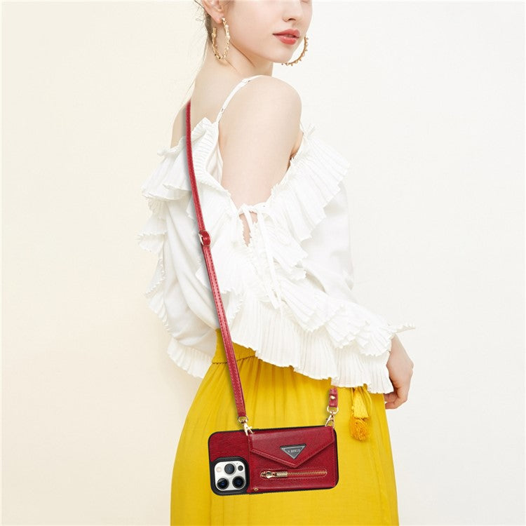 N.BEKUS For iPhone 16 Pro Case Card Slot Zipper Wallet Leather Phone Cover with Shoulder Strap - Red