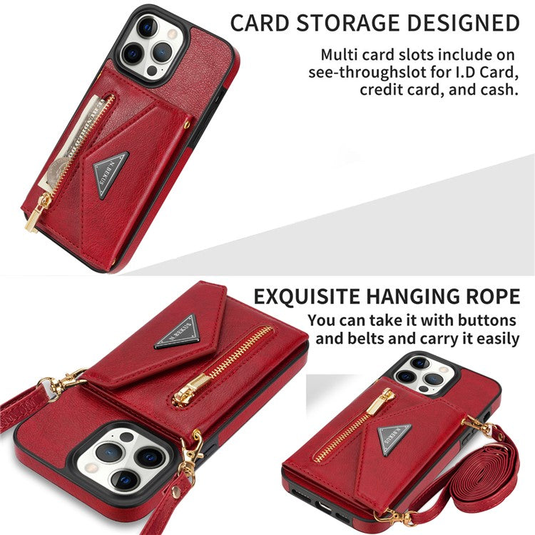 N.BEKUS For iPhone 16 Pro Case Card Slot Zipper Wallet Leather Phone Cover with Shoulder Strap - Red