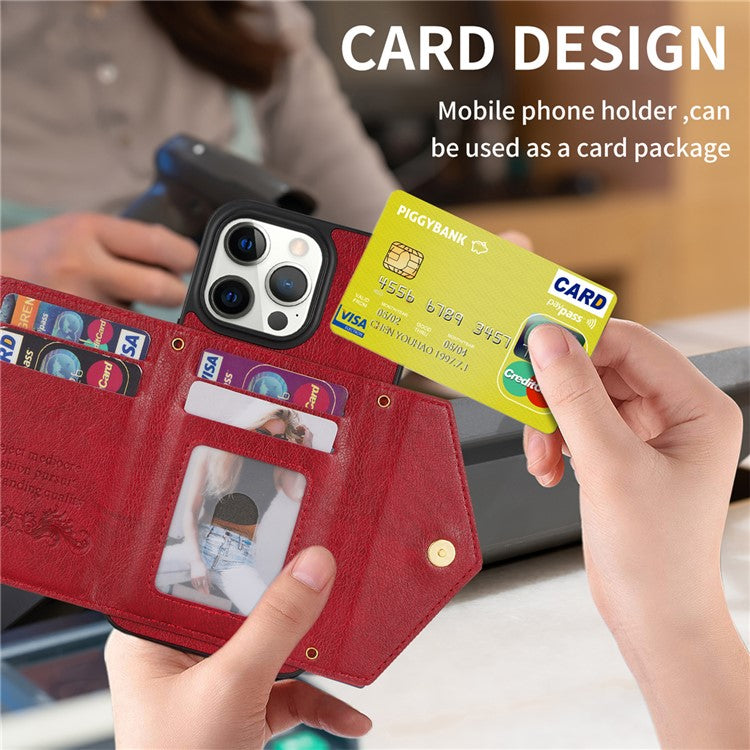 N.BEKUS For iPhone 16 Pro Case Card Slot Zipper Wallet Leather Phone Cover with Shoulder Strap - Red