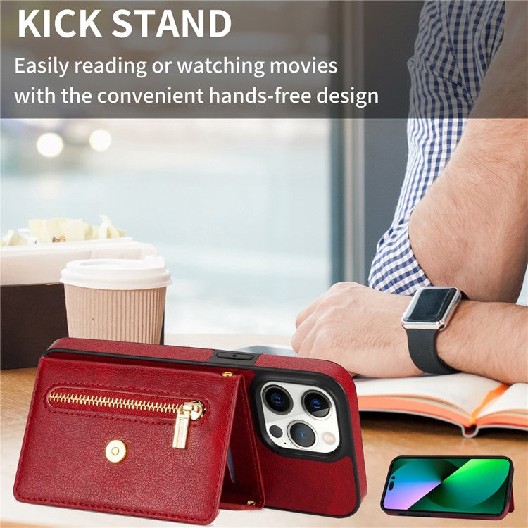 N.BEKUS For iPhone 16 Pro Case Card Slot Zipper Wallet Leather Phone Cover with Shoulder Strap - Red