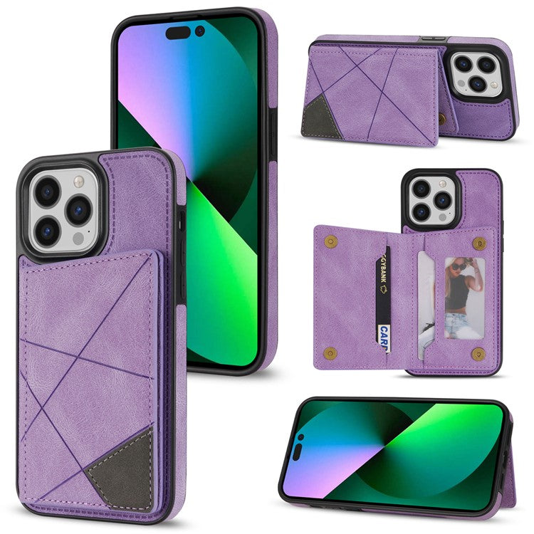For iPhone 16 Pro Case Line Imprinted Color Splicing Leather Phone Cover - Purple
