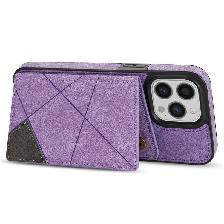 For iPhone 16 Pro Case Line Imprinted Color Splicing Leather Phone Cover - Purple
