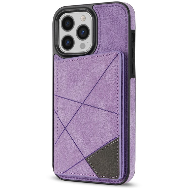For iPhone 16 Pro Case Line Imprinted Color Splicing Leather Phone Cover - Purple
