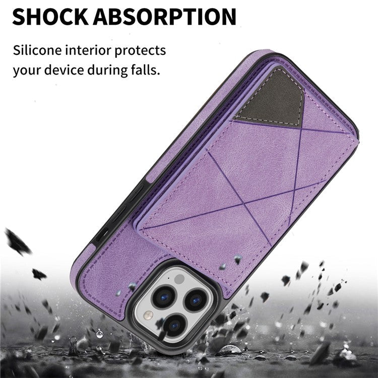 For iPhone 16 Pro Case Line Imprinted Color Splicing Leather Phone Cover - Purple
