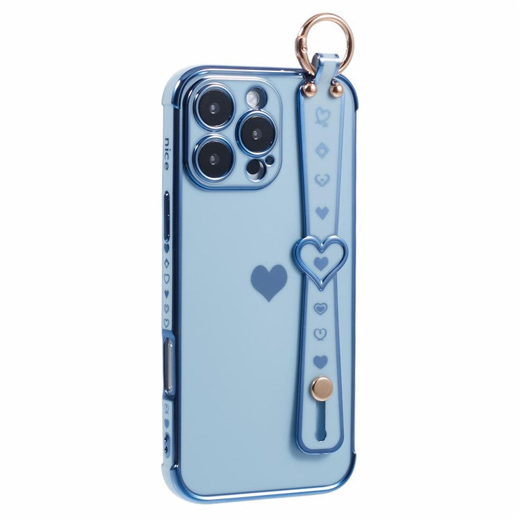 For iPhone 16 Pro Case Wristband Kickstand Love Heart TPU Phone Cover Finger Holder - Blue