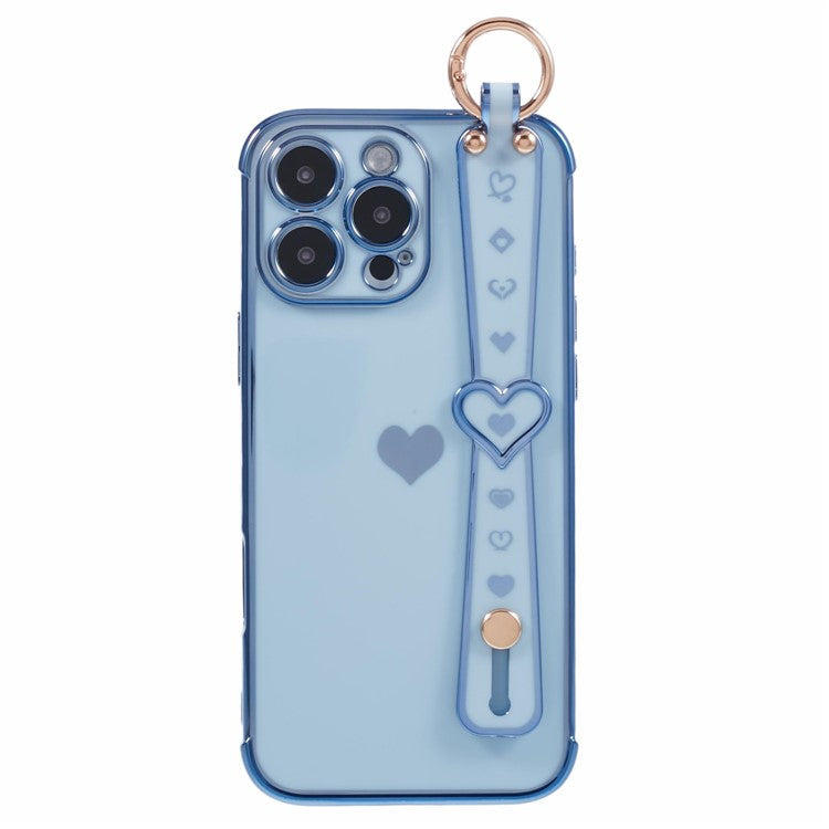 For iPhone 16 Pro Case Wristband Kickstand Love Heart TPU Phone Cover Finger Holder - Blue