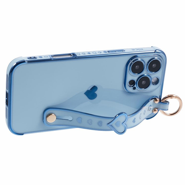 For iPhone 16 Pro Case Wristband Kickstand Love Heart TPU Phone Cover Finger Holder - Blue