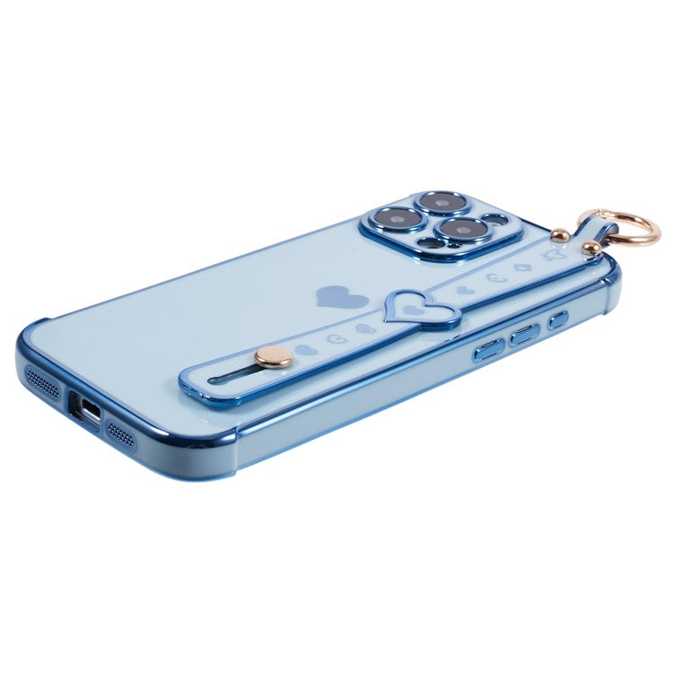 For iPhone 16 Pro Case Wristband Kickstand Love Heart TPU Phone Cover Finger Holder - Blue