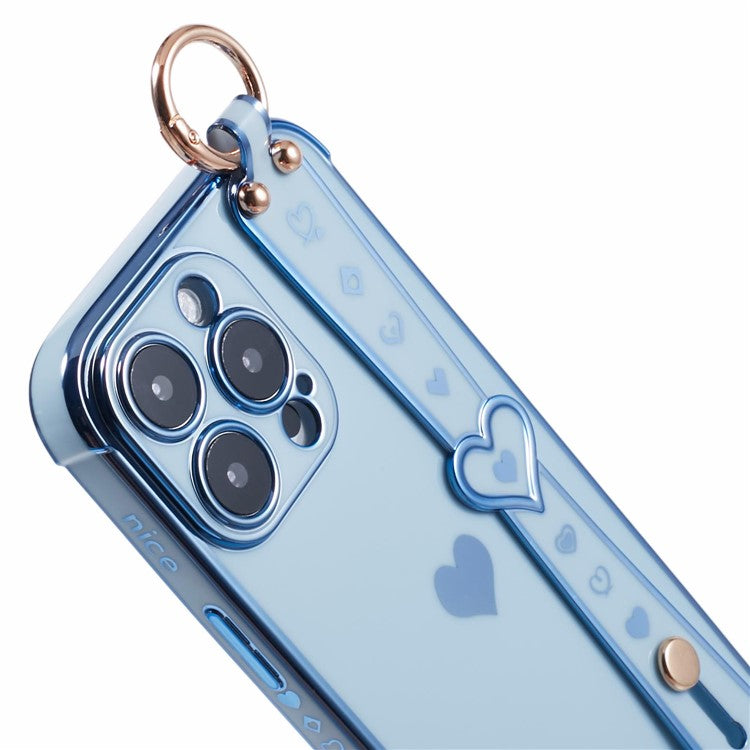 For iPhone 16 Pro Case Wristband Kickstand Love Heart TPU Phone Cover Finger Holder - Blue