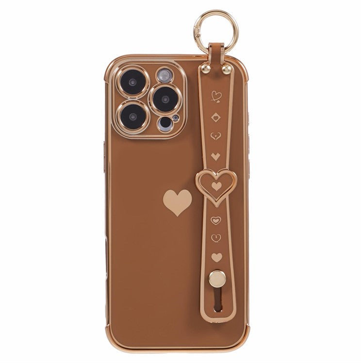 For iPhone 16 Pro Case Wristband Kickstand Love Heart TPU Phone Cover Finger Holder - Brown