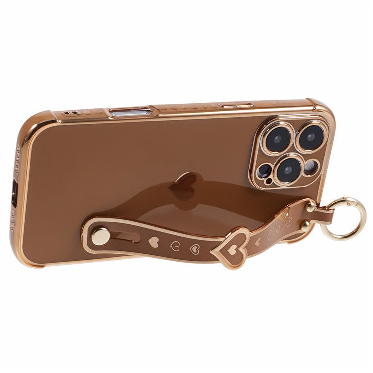 For iPhone 16 Pro Case Wristband Kickstand Love Heart TPU Phone Cover Finger Holder - Brown