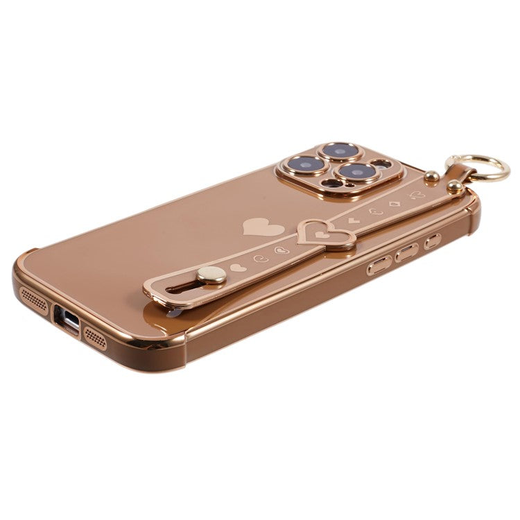For iPhone 16 Pro Case Wristband Kickstand Love Heart TPU Phone Cover Finger Holder - Brown