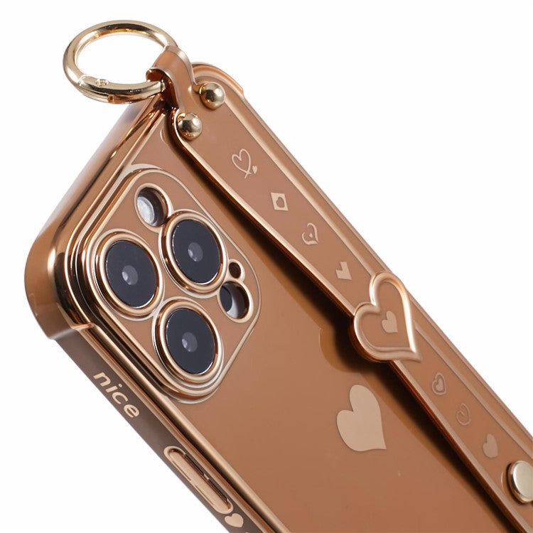 For iPhone 16 Pro Case Wristband Kickstand Love Heart TPU Phone Cover Finger Holder - Brown