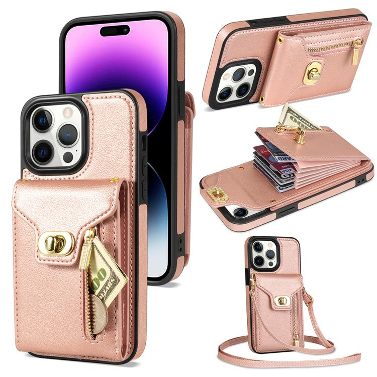 For iPhone 16 Pro Case Card Slots Kickstand PU+TPU Phone Cover with Shoulder Strap - Pink