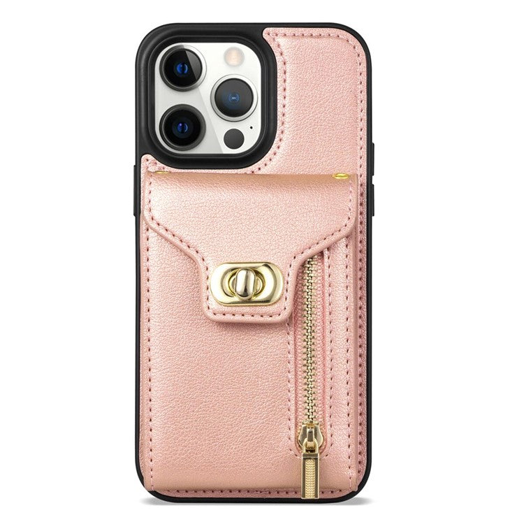 For iPhone 16 Pro Case Card Slots Kickstand PU+TPU Phone Cover with Shoulder Strap - Pink
