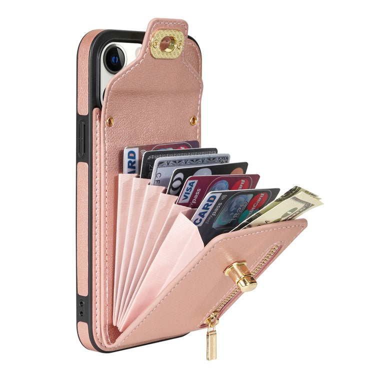 For iPhone 16 Pro Case Card Slots Kickstand PU+TPU Phone Cover with Shoulder Strap - Pink