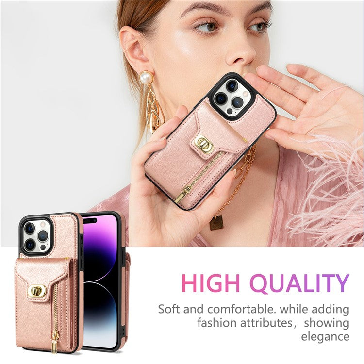 For iPhone 16 Pro Case Card Slots Kickstand PU+TPU Phone Cover with Shoulder Strap - Pink