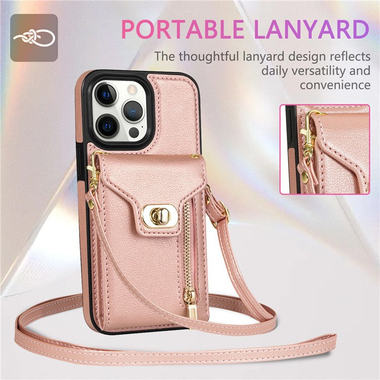 For iPhone 16 Pro Case Card Slots Kickstand PU+TPU Phone Cover with Shoulder Strap - Pink
