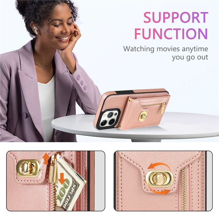 For iPhone 16 Pro Case Card Slots Kickstand PU+TPU Phone Cover with Shoulder Strap - Pink