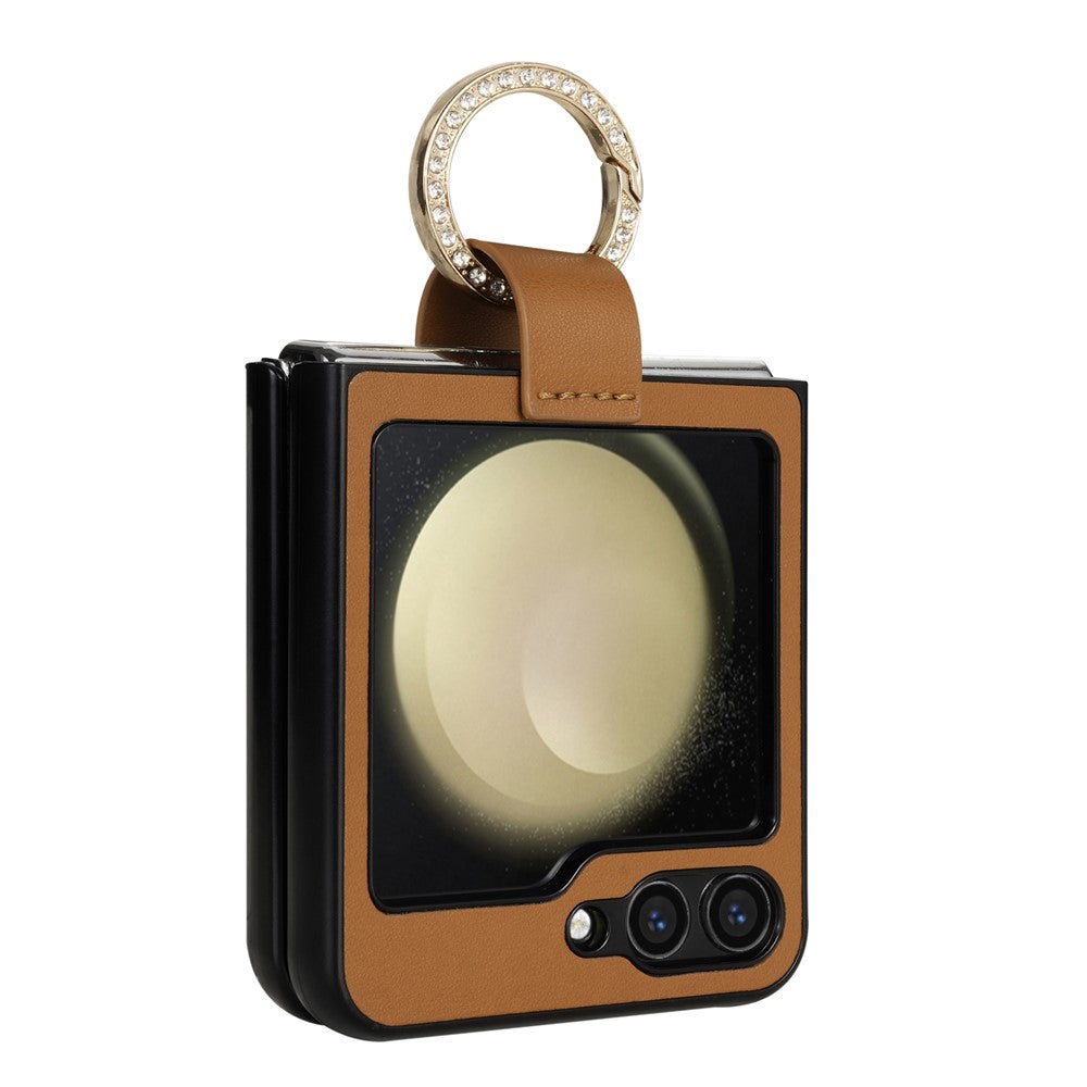 CSJ-P2 For Samsung Galaxy Z Flip7 FE 5G / Z Flip6 5G / Z Flip5 5G Case Stitching Leather Phone Cover Ring Kickstand - Brown