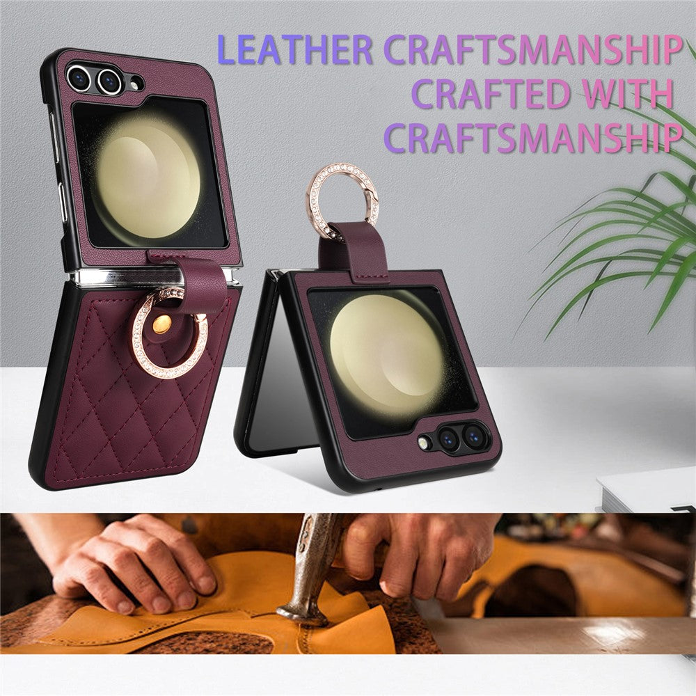 CSJ-P2 For Samsung Galaxy Z Flip7 FE 5G / Z Flip6 5G / Z Flip5 5G Case Stitching Leather Phone Cover Ring Kickstand - Wine Red