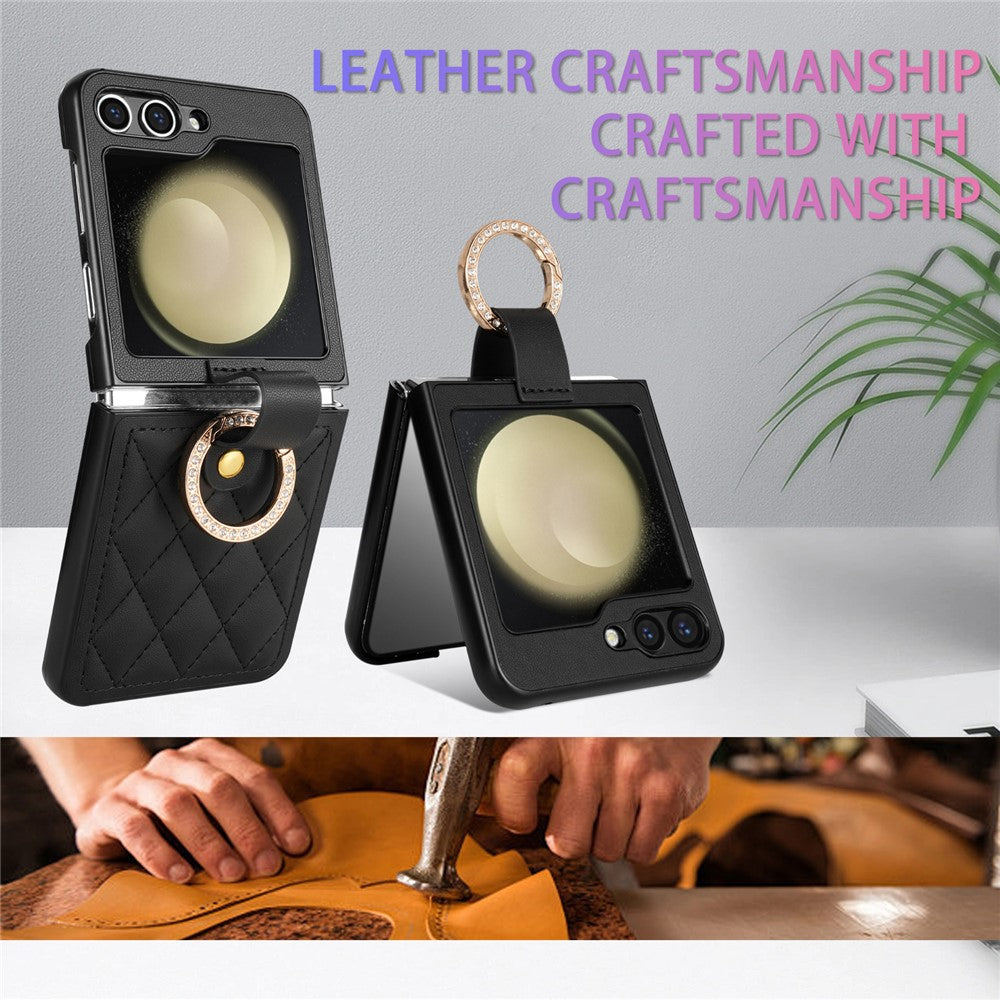 CSJ-P2 For Samsung Galaxy Z Flip7 FE 5G / Z Flip6 5G / Z Flip5 5G Case Stitching Leather Phone Cover Ring Kickstand - Black