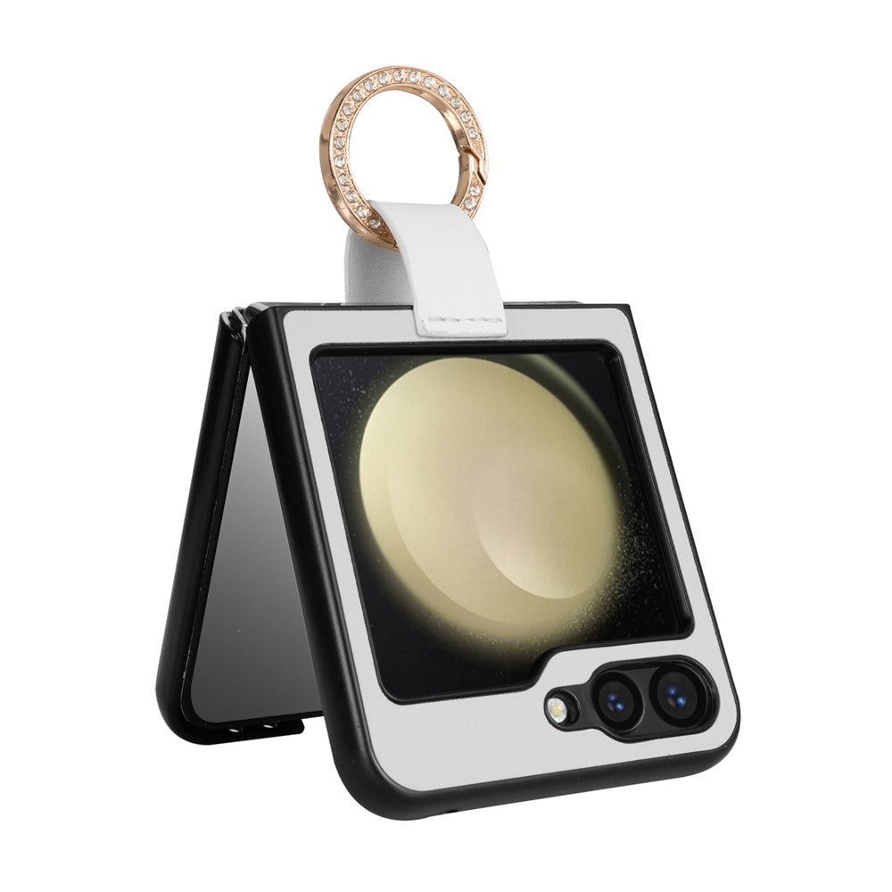 CSJ-P2 For Samsung Galaxy Z Flip7 FE 5G / Z Flip6 5G / Z Flip5 5G Case Stitching Leather Phone Cover Ring Kickstand - White