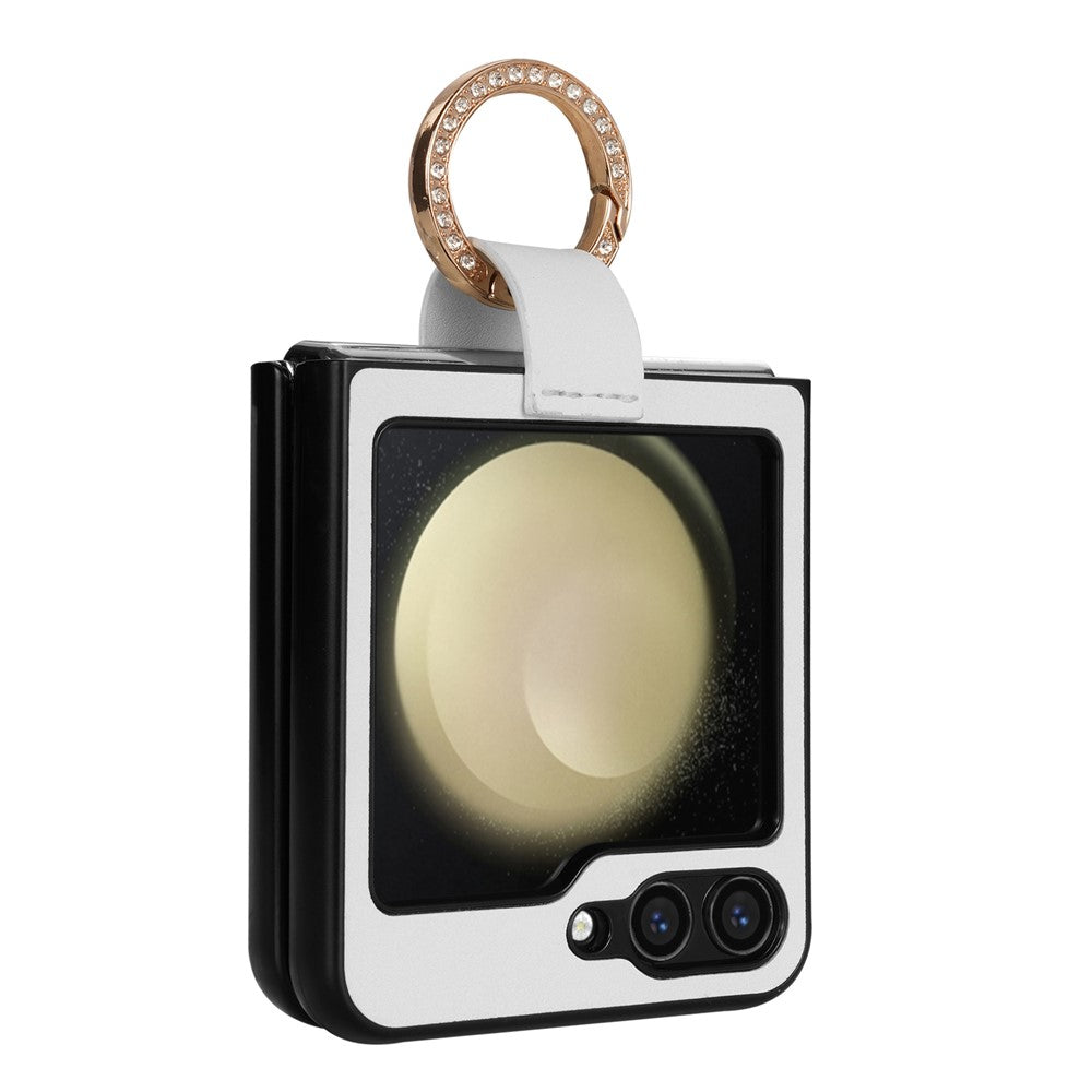 CSJ-P2 For Samsung Galaxy Z Flip7 FE 5G / Z Flip6 5G / Z Flip5 5G Case Stitching Leather Phone Cover Ring Kickstand - White