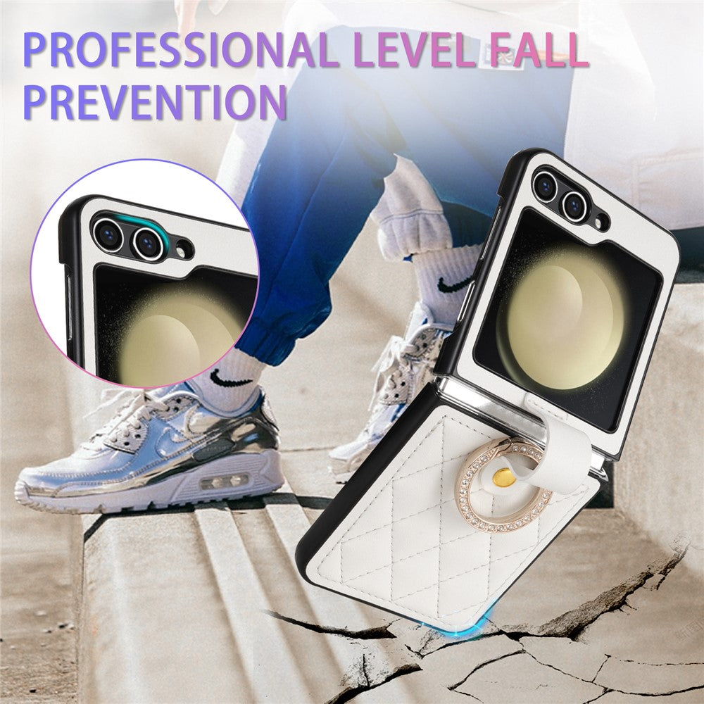 CSJ-P2 For Samsung Galaxy Z Flip7 FE 5G / Z Flip6 5G / Z Flip5 5G Case Stitching Leather Phone Cover Ring Kickstand - White