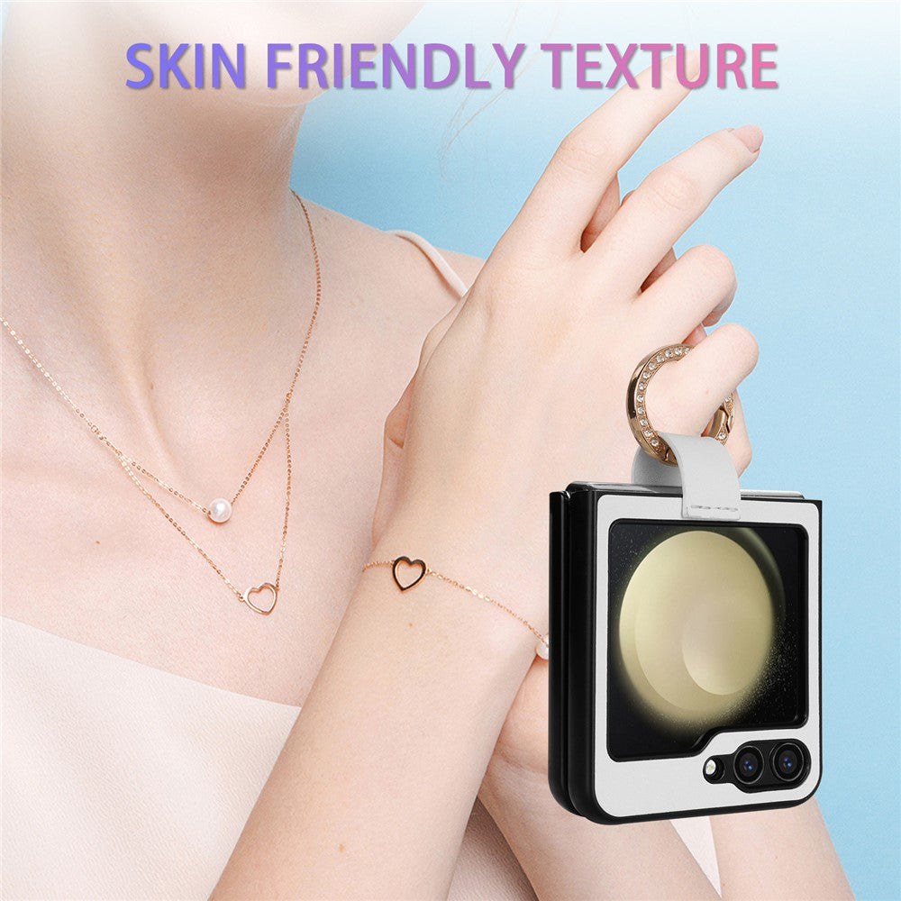 CSJ-P2 For Samsung Galaxy Z Flip7 FE 5G / Z Flip6 5G / Z Flip5 5G Case Stitching Leather Phone Cover Ring Kickstand - White