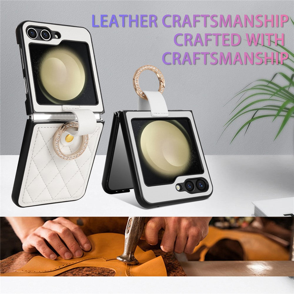 CSJ-P2 For Samsung Galaxy Z Flip7 FE 5G / Z Flip6 5G / Z Flip5 5G Case Stitching Leather Phone Cover Ring Kickstand - White