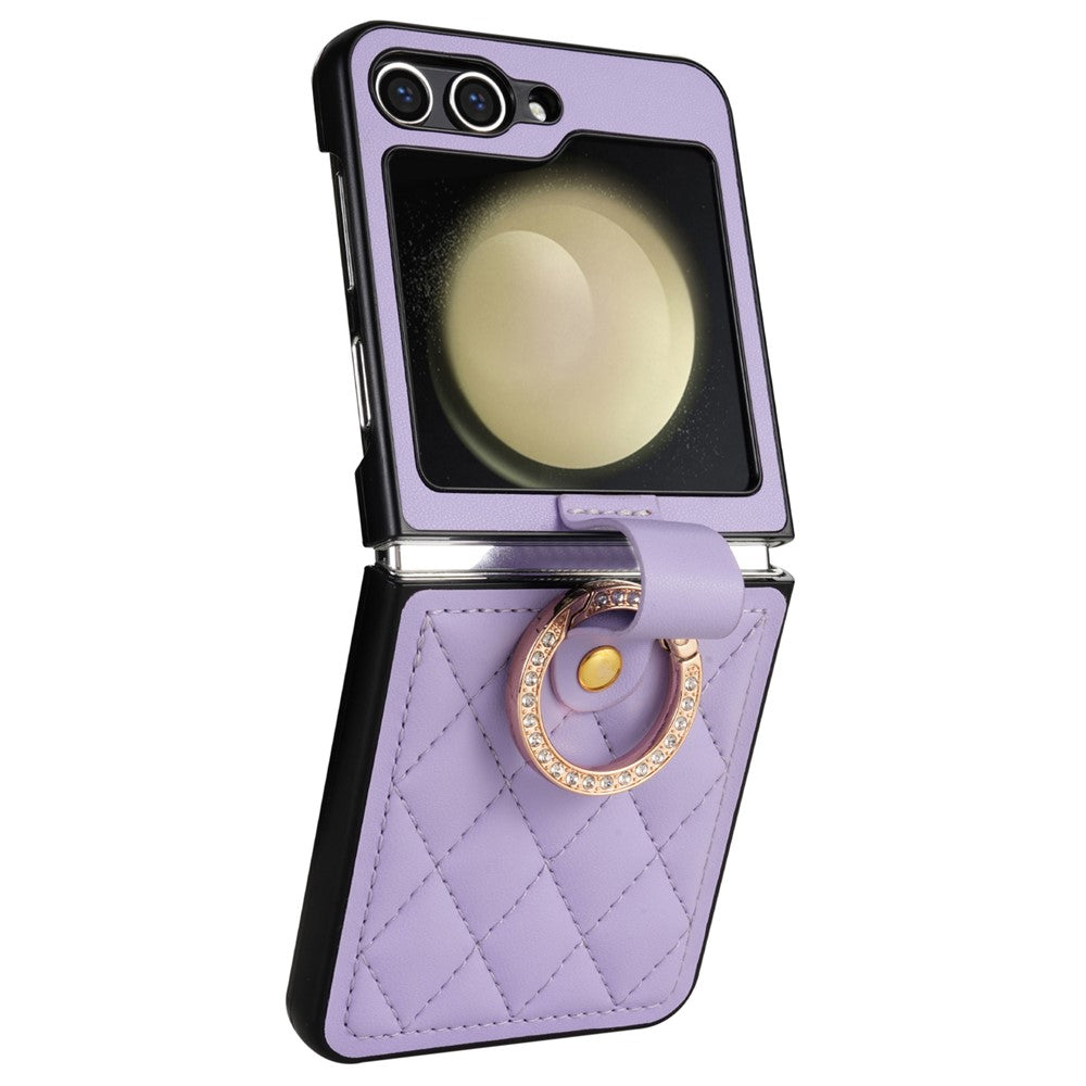CSJ-P2 For Samsung Galaxy Z Flip7 FE 5G / Z Flip6 5G / Z Flip5 5G Case Stitching Leather Phone Cover Ring Kickstand - Light Purple