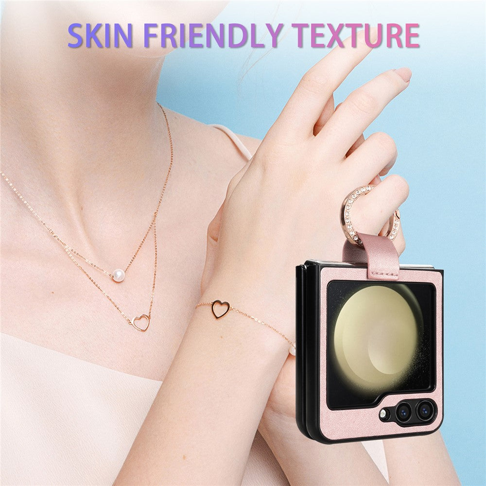 CSJ-P2 For Samsung Galaxy Z Flip7 FE 5G / Z Flip6 5G / Z Flip5 5G Case Stitching Leather Phone Cover Ring Kickstand - Rose Gold