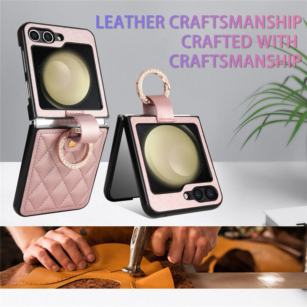CSJ-P2 For Samsung Galaxy Z Flip7 FE 5G / Z Flip6 5G / Z Flip5 5G Case Stitching Leather Phone Cover Ring Kickstand - Rose Gold