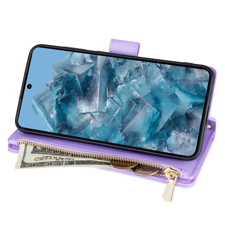 CSJ-P2 For Google Pixel 8 Pro Case Rhombus Stitching Design Leather Wallet Phone Cover with Long / Short Strap - Light Purple