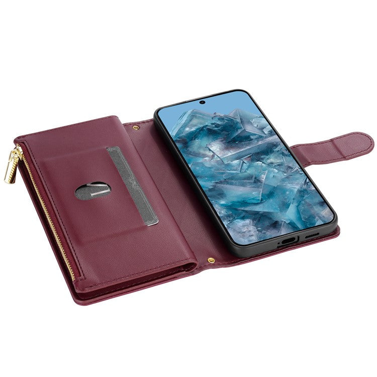 CSJ-P2 For Google Pixel 8 Pro Case Rhombus Stitching Design Leather Wallet Phone Cover with Long / Short Strap - Wine Red