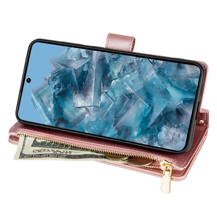 CSJ-P2 For Google Pixel 8 Pro Case Rhombus Stitching Design Leather Wallet Phone Cover with Long / Short Strap - Rose Gold