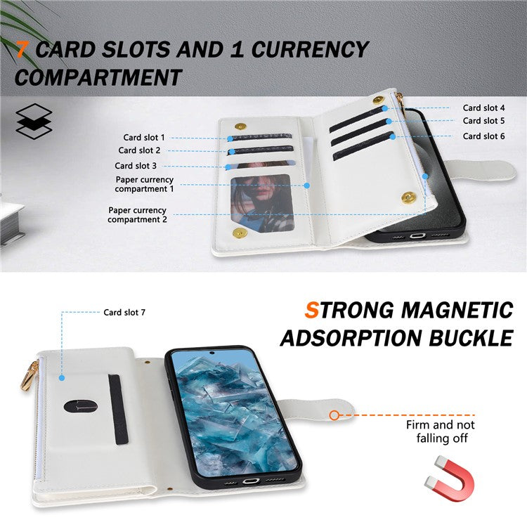 CSJ-P2 For Google Pixel 8 Pro Case Rhombus Stitching Design Leather Wallet Phone Cover with Long / Short Strap - White