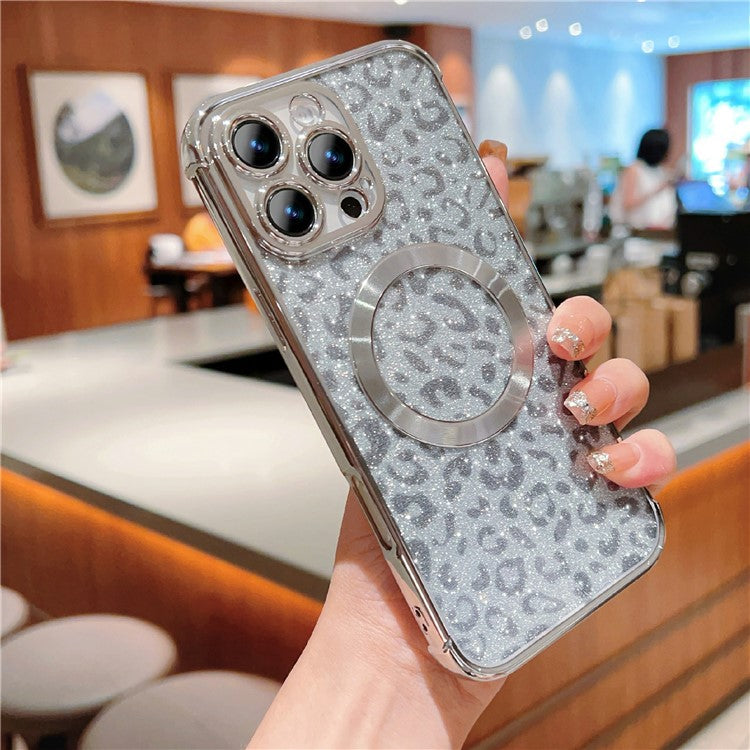 For iPhone 16 Pro Case Compatible with MagSafe Sparkly Leopard Print Clear TPU Phone Cover - Silver