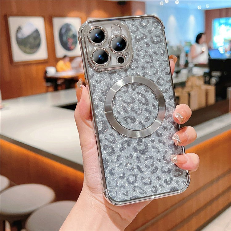 For iPhone 16 Pro Case Compatible with MagSafe Sparkly Leopard Print Clear TPU Phone Cover - Silver